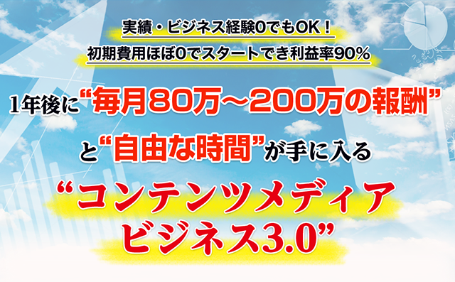 実績・ビジネス経験0でもOK！初期費用ほぼ0でスタートでき利益率90％悩み解決サイトを7ステップ構築するだけで『4つの収入モデル』が自動化できる 在宅お1人様ビジネスに興味はありませんか？1年後に“毎月80万～200万の報酬”と“自由な時間”が手に入る“コンテンツメディアビジネス3.0”